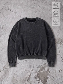 SWAVVY Men's Spring/Autumn Casual Loose Fit Standard Size Pullover Sweatshirt, Crew Neck, Black, Snow Wash Plain - Black - View 7