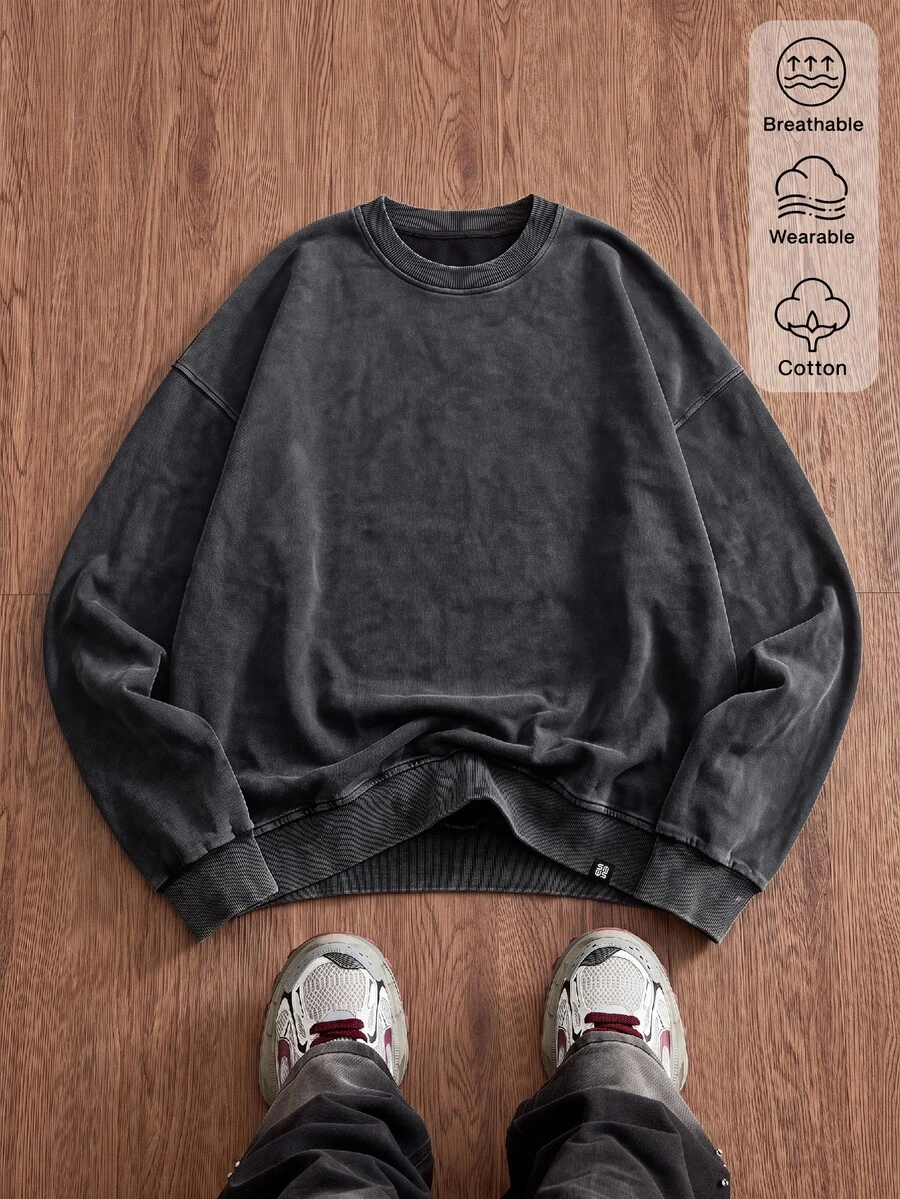 SWAVVY Men's Spring/Autumn Casual Loose Fit Standard Size Pullover Sweatshirt, Crew Neck, Black, Snow Wash Plain - Black - View 1