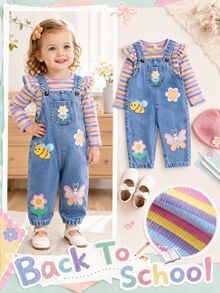SHEIN Vintaside Kids 2件組女嬰春秋彩虹條紋丹寧藍甜美俏皮風荷葉邊長袖內搭上衣＋花朵蜜蜂蝴蝶印花丹寧吊帶褲套裝，寬鬆直筒褲管，適合日常外出、戶外玩耍、生日派對、拍照攝影、家庭聚會 - 彩色 - 查看 9