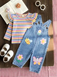 SHEIN Vintaside Kids 2件組女嬰春秋彩虹條紋丹寧藍甜美俏皮風荷葉邊長袖內搭上衣＋花朵蜜蜂蝴蝶印花丹寧吊帶褲套裝，寬鬆直筒褲管，適合日常外出、戶外玩耍、生日派對、拍照攝影、家庭聚會 - 彩色 - 查看 2