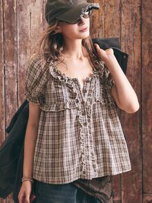 SoleilVie Blus Wanita Kotak-kotak Cokelat Musim Gugur Kasual Kerah V Ruffle Lengan Balon Kancing Depan untuk Harian dan Pergi Keluar - Coffee Brown - View 4