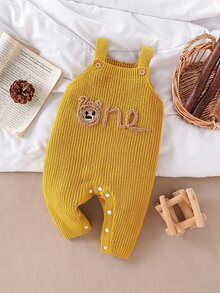 SHEIN 男宝宝毛衣，时尚可爱百搭小熊提花针织连体裤 - 黃色 - 查看 1