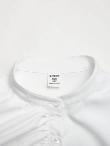 SHEIN Tween Girl 立領長袖誇張不對稱荷葉邊鈕扣白色襯衫，返校季 - 白色 - 查看 4