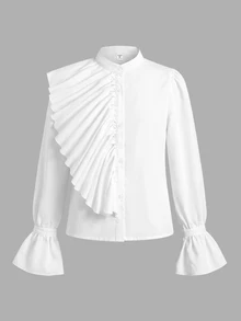 SHEIN Tween Girl 立領長袖誇張不對稱荷葉邊鈕扣白色襯衫，返校季 - 白色 - 查看 6