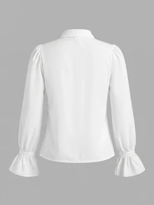 SHEIN Tween Girl 立領長袖誇張不對稱荷葉邊鈕扣白色襯衫，返校季 - 白色 - 查看 5