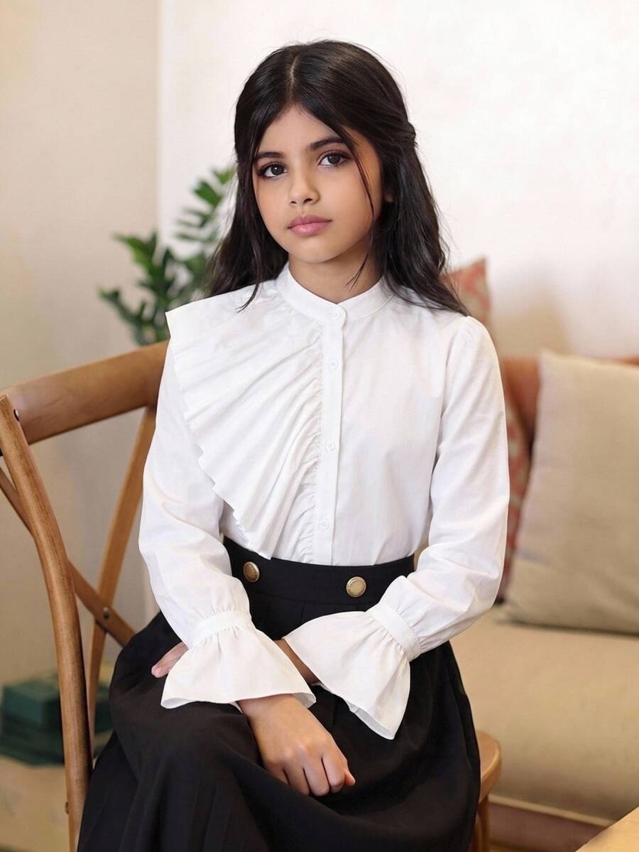 SHEIN Tween Girl 立領長袖誇張不對稱荷葉邊鈕扣白色襯衫,返校季 - 白色 - 查看 1