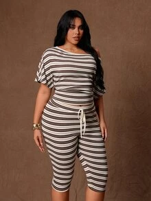 Rustia Plus Size Women's 2-Piece Set: Asymmetrical Neck Asymmetrical Short Sleeve T-Shirt + 7/8 Length Striped Contrast Color Pants, Elegant Cute Casual Vacation Home Wear, Spring Autumn All Season - Multicolor - View 8