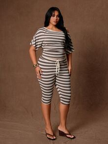 Rustia Plus Size Women's 2-Piece Set: Asymmetrical Neck Asymmetrical Short Sleeve T-Shirt + 7/8 Length Striped Contrast Color Pants, Elegant Cute Casual Vacation Home Wear, Spring Autumn All Season - Multicolor - View 6