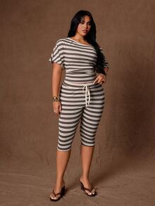 Rustia Plus Size Women's 2-Piece Set: Asymmetrical Neck Asymmetrical Short Sleeve T-Shirt + 7/8 Length Striped Contrast Color Pants, Elegant Cute Casual Vacation Home Wear, Spring Autumn All Season - Multicolor - View 5