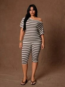 Rustia Plus Size Women's 2-Piece Set: Asymmetrical Neck Asymmetrical Short Sleeve T-Shirt + 7/8 Length Striped Contrast Color Pants, Elegant Cute Casual Vacation Home Wear, Spring Autumn All Season - Multicolor - View 4