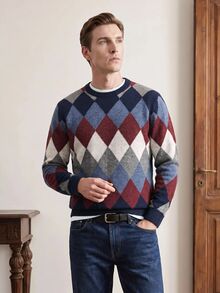 Manfinity Homme Men's Diamond Grid Crew Neck Casual Daily Long Sleeve Sweater Holiday Festival Autumn Streetwear Winter - Multicolor - View 3