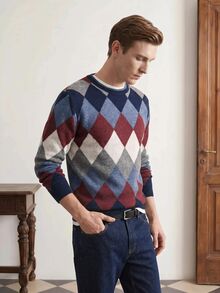 Manfinity Homme Men's Diamond Grid Crew Neck Casual Daily Long Sleeve Sweater Holiday Festival Autumn Streetwear Winter - Multicolor - View 5