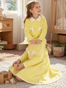 SHEIN Playful Pals 女童對比色蝴蝶結前領對比領毛衣洋裝 - 彩色 - 查看 8