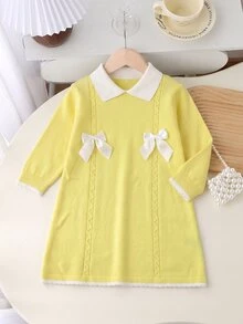 SHEIN Playful Pals 女童對比色蝴蝶結前領對比領毛衣洋裝 - 彩色 - 查看 3