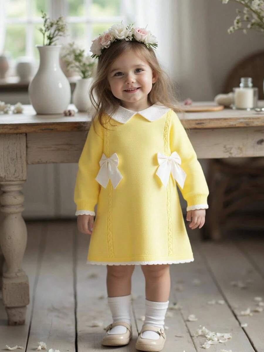 SHEIN Playful Pals 女童對比色蝴蝶結前領對比領毛衣洋裝 - 彩色 - 查看 1