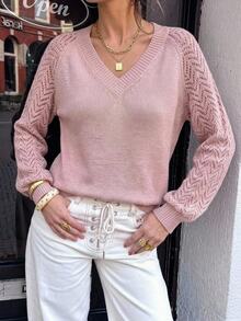 SHEIN LUNE Raglan Sleeve Pointelle Knit Sweater,Long Sleeve Tops In Fall/Winter - Baby Pink - View 8
