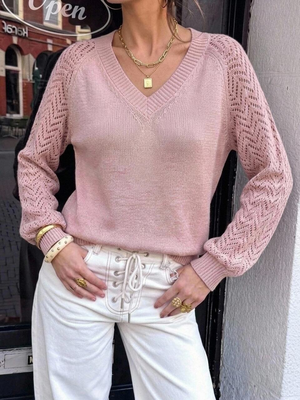 Raglan Sleeve Pointelle Knit Sweater,Long Sleeve Tops In Fall/Winter