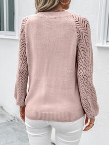 SHEIN LUNE Raglan Sleeve Pointelle Knit Sweater,Long Sleeve Tops In Fall/Winter - Baby Pink - View 4