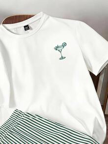 Daypath Men's Beverage Print T-Shirt And Striped Shorts Set - Green - View 4
