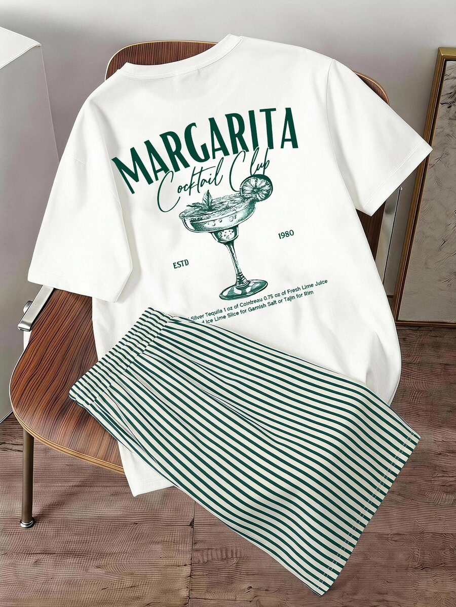 Daypath Men's Beverage Print T-Shirt And Striped Shorts Set - Green - View 1