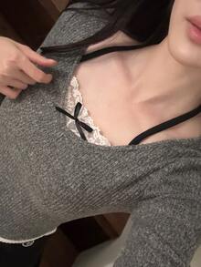 DAZY Patchwork Contrast Color Lace Halter Neck Slim Fit Long Sleeve Casual Y2k Cute Vacation Sexy Korean Style Fall Top T-Shirt Women Everyday Date Grey - Grey - View 1