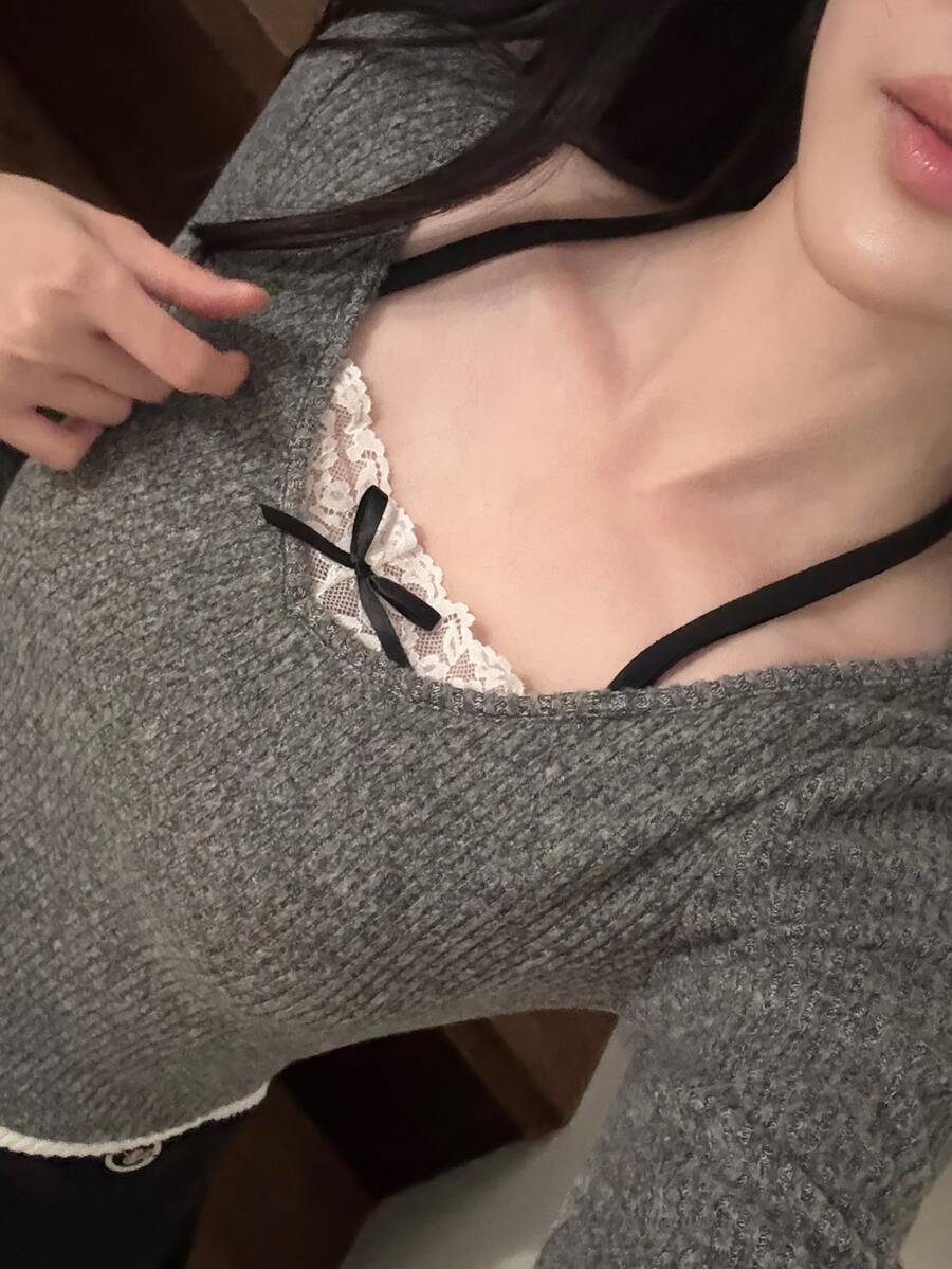 DAZY Patchwork Contrast Color Lace Halter Neck Slim Fit Long Sleeve Casual Y2k Cute Vacation Sexy Korean Style Fall Top T-Shirt Women Everyday Date Grey - Grey - View 1