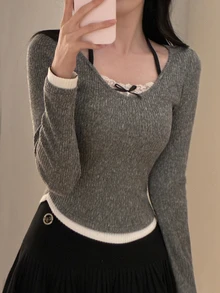 DAZY Patchwork Contrast Color Lace Halter Neck Slim Fit Long Sleeve Casual Y2k Cute Vacation Sexy Korean Style Fall Top T-Shirt Women Everyday Date Grey - Grey - View 2