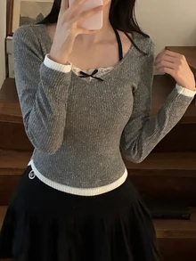 DAZY Patchwork Contrast Color Lace Halter Neck Slim Fit Long Sleeve Casual Y2k Cute Vacation Sexy Korean Style Fall Top T-Shirt Women Everyday Date Grey - Grey - View 4