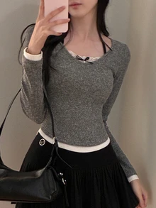 DAZY Patchwork Contrast Color Lace Halter Neck Slim Fit Long Sleeve Casual Y2k Cute Vacation Sexy Korean Style Fall Top T-Shirt Women Everyday Date Grey - Grey - View 5