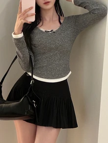 DAZY Patchwork Contrast Color Lace Halter Neck Slim Fit Long Sleeve Casual Y2k Cute Vacation Sexy Korean Style Fall Top T-Shirt Women Everyday Date Grey - Grey - View 6