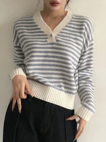 DAZY 女款拼色條紋寬鬆長袖V領休閒度假韓風秋冬針織毛衣 - 藍色 - 查看 2