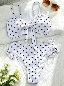 Swim Mod 女士波点印花荷叶边抹胸上衣和高腰泳裤，夏季海滩度假 - 黑與白 - 查看 3