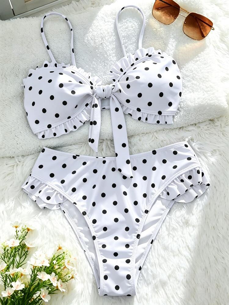 Swim Mod Women's Polka Dot Print Ruffle Trim Bandeau Top And High Waist Bottoms, Summer Beach Vacation - Black and White - View 3