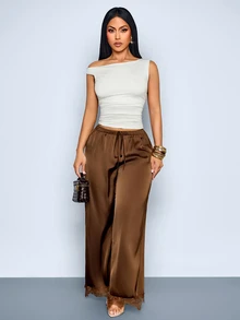 SOLERSUN Women Pants Dinner Garden Party Dark Brown Autumn Elegant - Coffee Brown - View 3