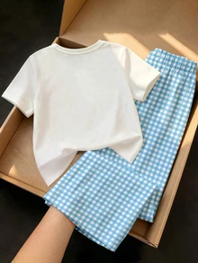 (1套) 女孩螃蟹、波浪、星星、海藻、直條紋、藍白格紋基本款短袖T恤與寬腿褲返校套裝 - 彩色 - 查看 3