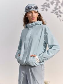 In My Nature 女款淺藍色連帽戶外夾克 - 輕量休閒夾克，適合徒步、露營、秋季穿著 - 藍色 - 查看 9
