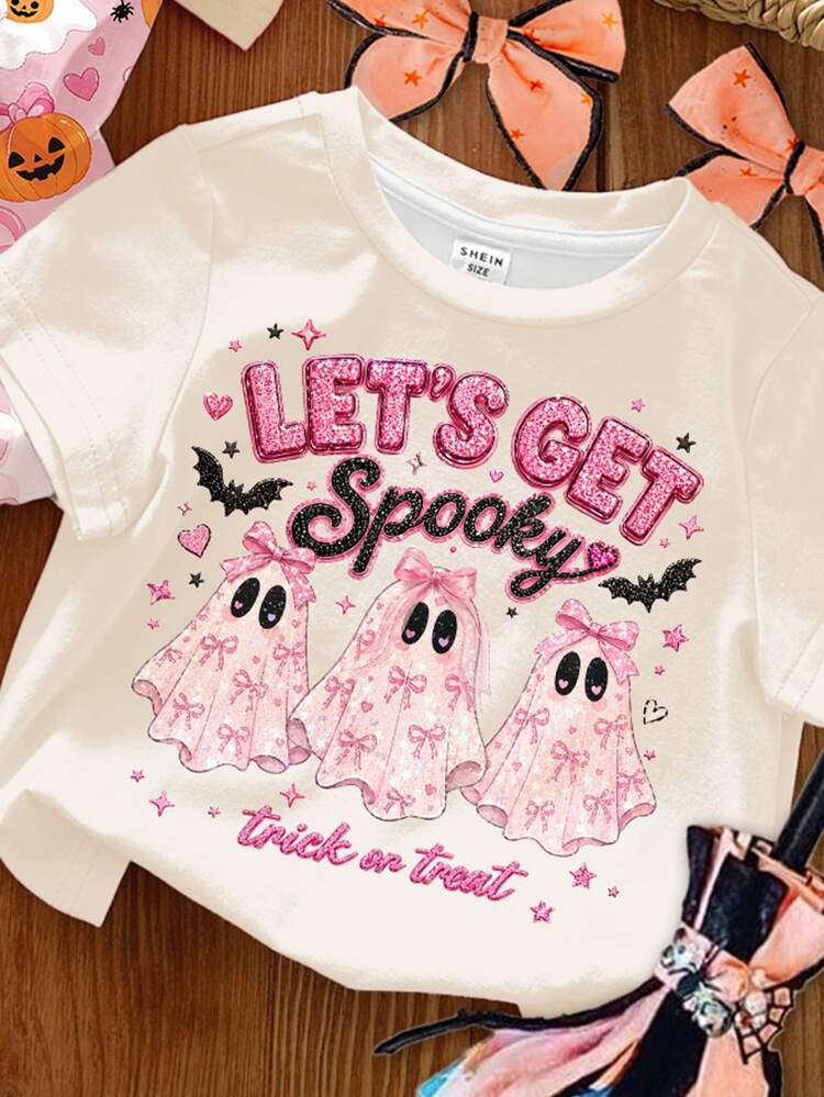 White, Light Apricot, Pink, Baby Girl Casual Comfortable Round Neck Short Sleeve T-Shirt 3pcs Set, Summerween, Halloween Cute Little Ghost, Pumpkin Season, Autumn Vibes, New Season Just Waiting For Halloween - Multicolor - View 4