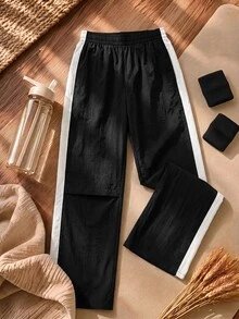 SHEIN Cheerettes 女款素色百褶休閒百搭日常旅行運動長褲 - 黑色 - 查看 3