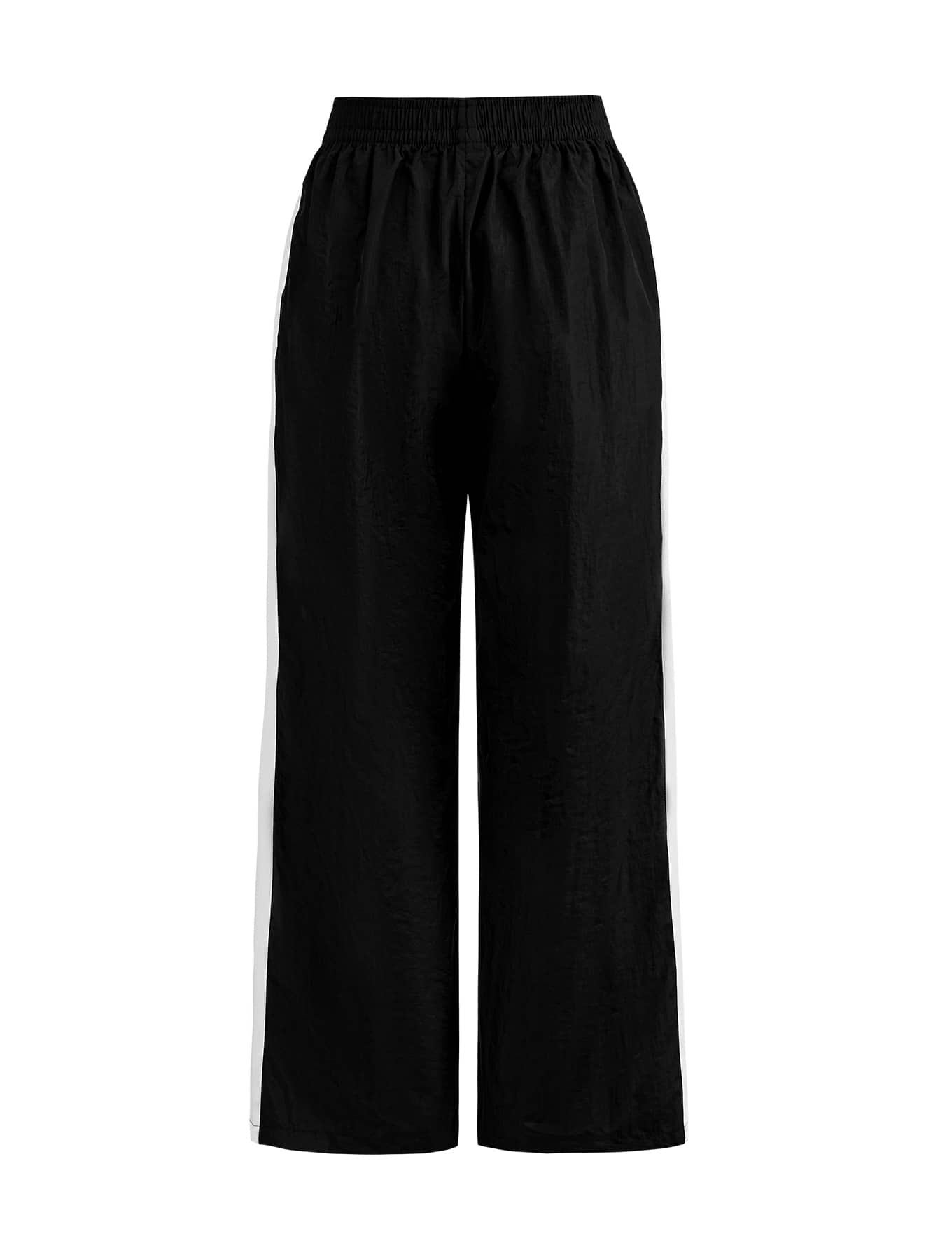 SHEIN Cheerettes Women's Solid Color Pleated Casual Versatile Daily Travel Sports Long Pants Black White Relaxed Fit Wide Leg Side Stripe Elastic Waist Dual Pockets Ca - Black - View 4
