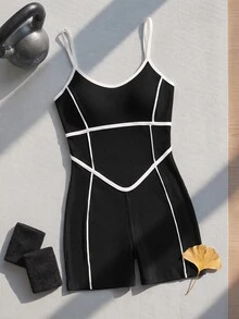 SHEIN Cheerettes 女款極簡休閒條紋拼色運動連身褲 對比色連身褲 柔軟彈性 透氣吸濕 可拆卸胸墊 防透深蹲 收腹 - 黑色 - 查看 3