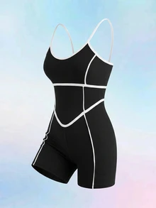 SHEIN Cheerettes 女款極簡休閒條紋拼色運動連身褲 對比色連身褲 柔軟彈性 透氣吸濕 可拆卸胸墊 防透深蹲 收腹 - 黑色 - 查看 2