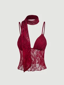 Skyraze Women's Lace Patchwork Camisole Top And Skirt Sexy Date Night Out Date Night Outfit Set Burgundy Summer.Halloween.Back To School. - Burgundy - View 7