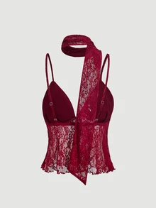 Skyraze Women's Lace Patchwork Camisole Top And Skirt Sexy Date Night Out Date Night Outfit Set Burgundy Summer.Halloween.Back To School. - Burgundy - View 6