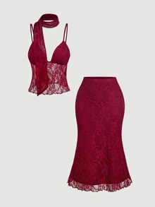 Skyraze Women's Lace Patchwork Camisole Top And Skirt Sexy Date Night Out Date Night Outfit Set Burgundy Summer.Halloween.Back To School. - Burgundy - View 5