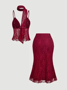 Skyraze Women's Lace Patchwork Camisole Top And Skirt Sexy Date Night Out Date Night Outfit Set Burgundy Summer.Halloween.Back To School. - Burgundy - View 2