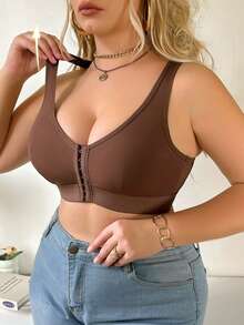 1pc Plus Size Women's Solid Color Casual Comfortable Front Closure Bra - Brown - View 5