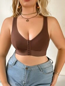 1pc Plus Size Women's Solid Color Casual Comfortable Front Closure Bra - Brown - View 3
