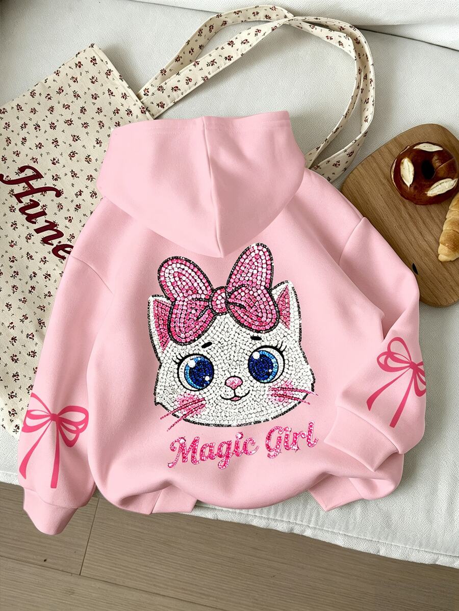 Tween Girls Casual Cute Shiny Textured Cartoon Kitty Cat Pattern, Pink Bow, Thick Soft Comfortable Hooded Sweatshirt, Suitable For Autumn/Winter, Graphic, Cozy, Y2K, Cozy Fall & Winter Styles - Multicolor - View 1