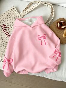 Tween Girls Casual Cute Shiny Textured Cartoon Kitty Cat Pattern, Pink Bow, Thick Soft Comfortable Hooded Sweatshirt, Suitable For Autumn/Winter, Graphic, Cozy, Y2K, Cozy Fall & Winter Styles - Multicolor - View 3
