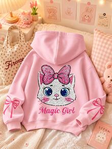 Tween Girls Casual Cute Shiny Textured Cartoon Kitty Cat Pattern, Pink Bow, Thick Soft Comfortable Hooded Sweatshirt, Suitable For Autumn/Winter, Graphic, Cozy, Y2K, Cozy Fall & Winter Styles - Multicolor - View 2